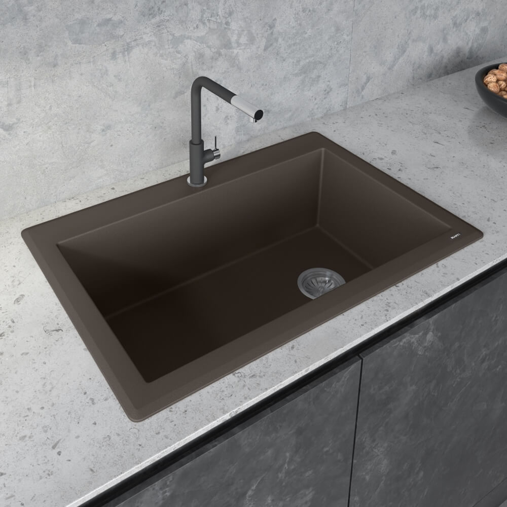 epiGranite Model: RVG1033ES Ruvati 33 x 22 inch epiGranite Drop-in Topmount Granite Composite Quartz Single Bowl Kitchen Sink – Espresso Brown – RVG1033ES