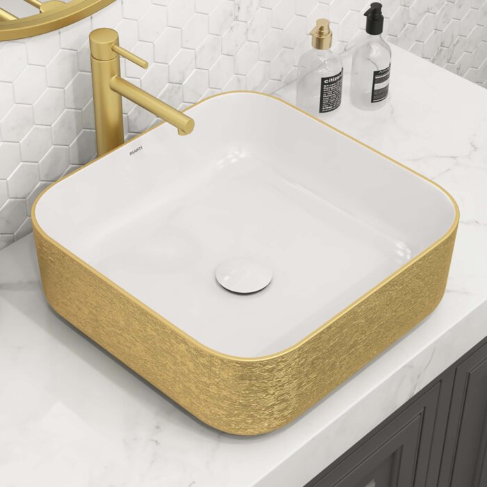 Pietra Model: RVB1414WG Ruvati 15 x 15 inch Bathroom Vessel Sink Gold Decorative Art Above Vanity Counter White Ceramic – RVB1414WG