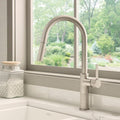 Isola Model: RVF1248BN Ruvati Isola Single Handle Pull Down Kitchen Faucet Knurling Contemporary Tall Arc in Stainless Steel – RVF1248BN
