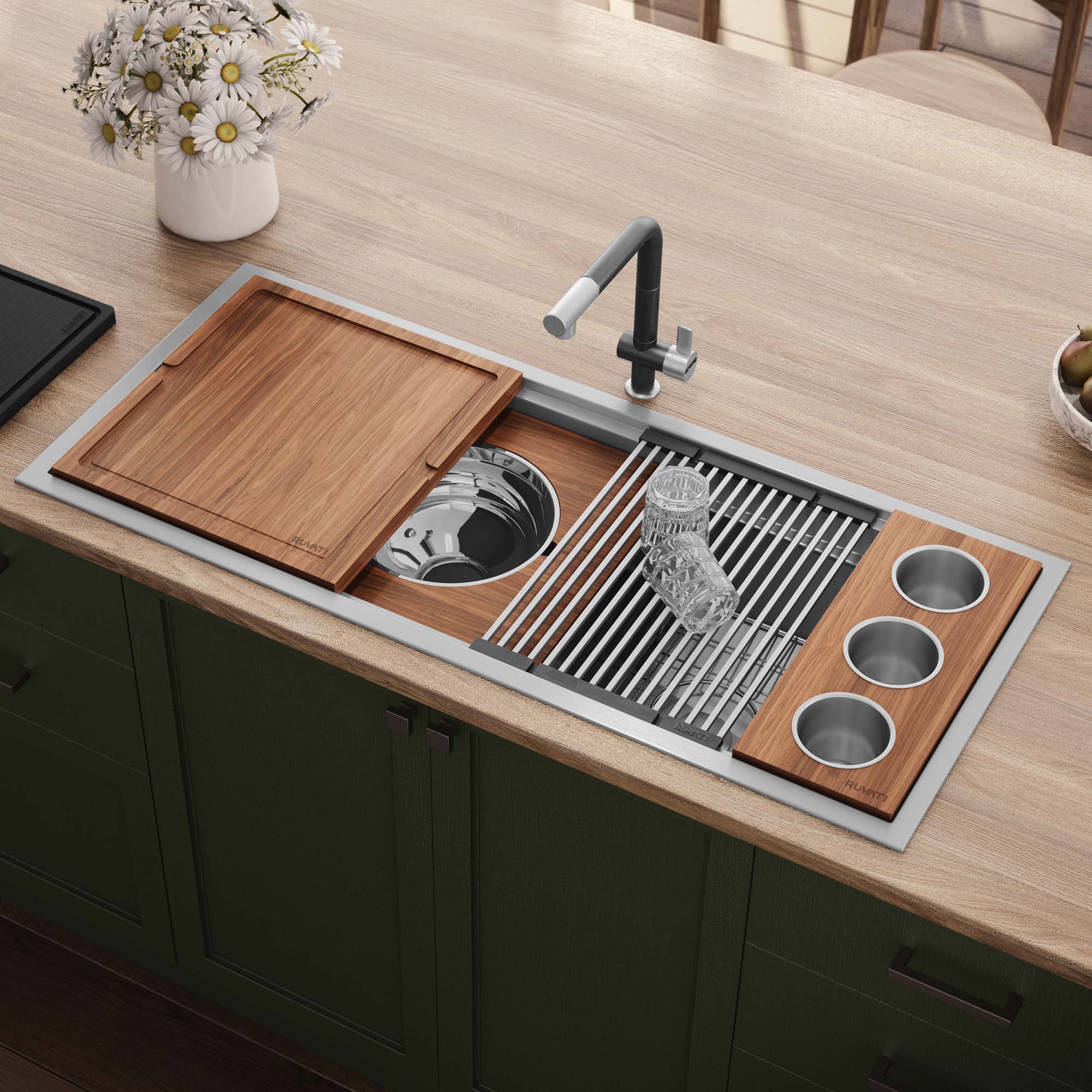 Dual Tier Model: RVH8433 Ruvati 45-inch Workstation Two-Tiered Ledge Kitchen Sink Drop-in Topmount 16 Gauge Stainless Steel – RVH8433