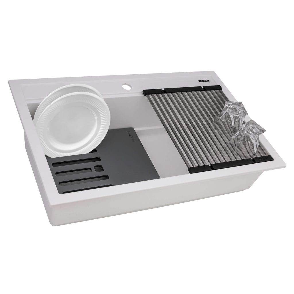 epiCube Model: RVG1634WH Ruvati 34-inch epiCube Granite Composite Quartz Workstation Drop-in Topmount Kitchen Sink Arctic White Matte – RVG1634WH