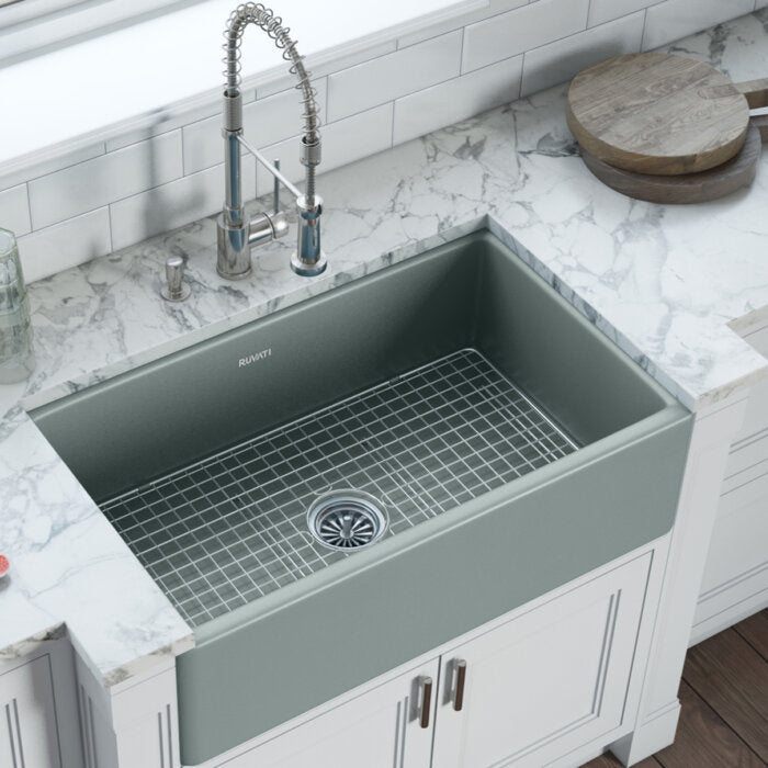 Fiamma Ruvati 33"x 20" Fireclay Reversible Farmhouse Apron-Front Kitchen Sink Single Bowl – Horizon Gray – Model# RVL2300GR
