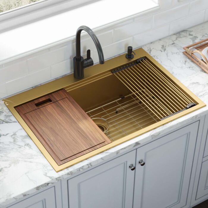 Giana Ruvati 33-inch Matte Gold Workstation Drop-in Topmount Kitchen Sink Single Bowl – Model# RVH5003GG