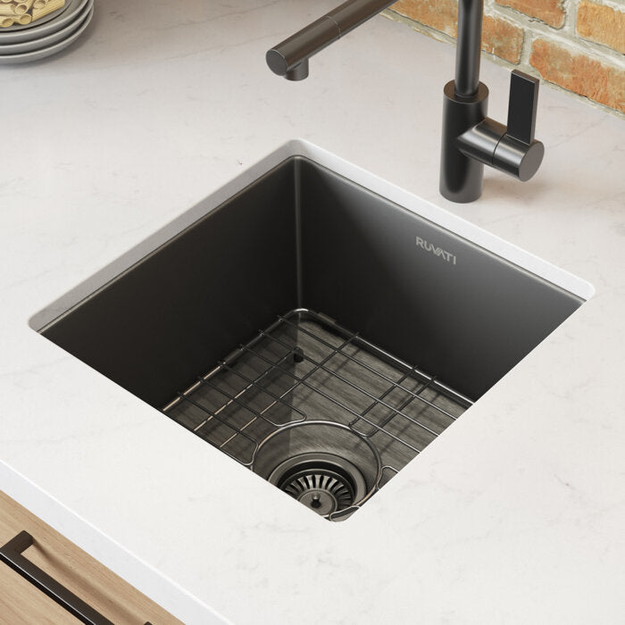 Terraza Ruvati 15" Gunmetal Black Stainless Steel Undermount Bar Prep 16 Gauge Kitchen Sink – Model# RVH7015BL