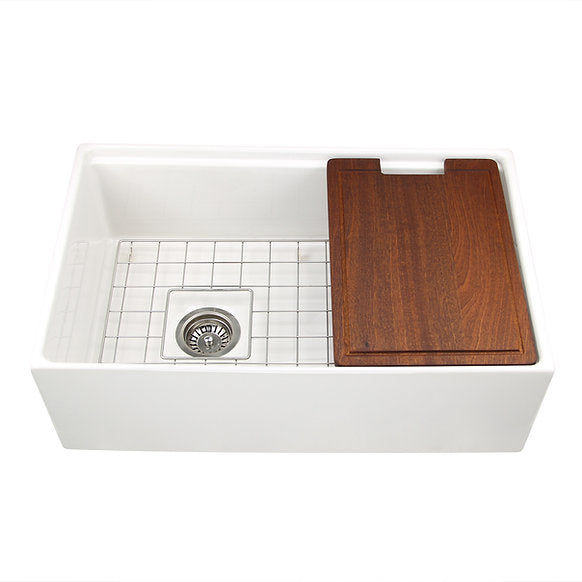 Nantucket Sinks - 30" Fireclay Reversible Workstation Farmhouse Fireclay Sink with Offset Drain and Accessories Model# T-PS30W