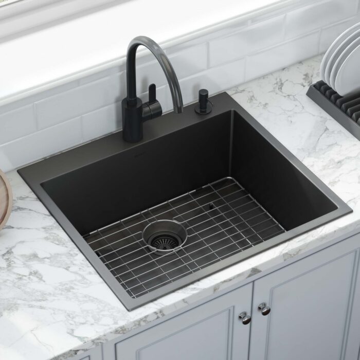 Terraza  Ruvati 25"Gunmetal Black Stainless Steel Drop-in Topmount Kitchen Sink Single Bowl – Model# RVH5007BL