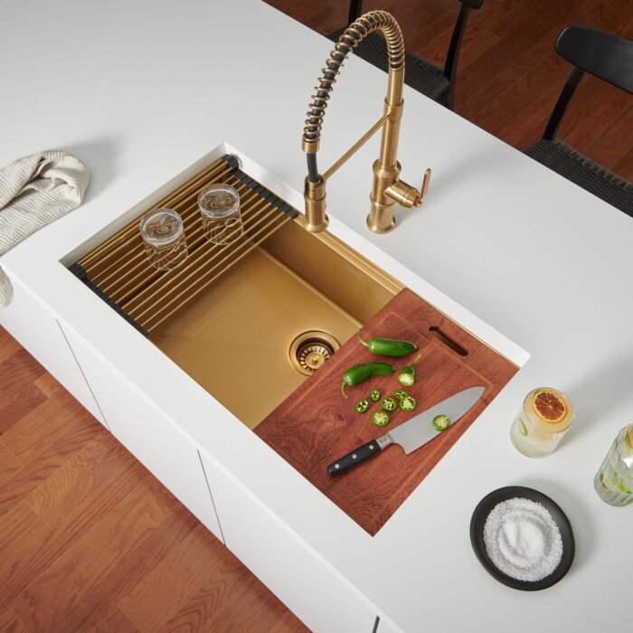 Giana Ruvati 33" Matte Gold Workstation Undermount Kitchen Sink Single Bowl – Model# RVH6533GG