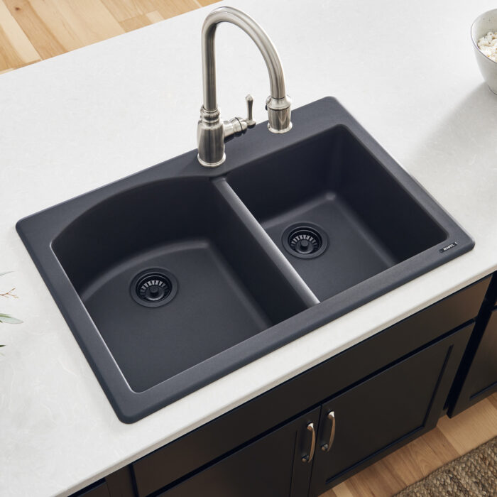 epiGranite Model: RVG1344BK Ruvati 33 x 22 inch epiGranite Drop-in Topmount Granite Composite Quartz Double Bowl Kitchen Sink – Midnight Black – RVG1344BK