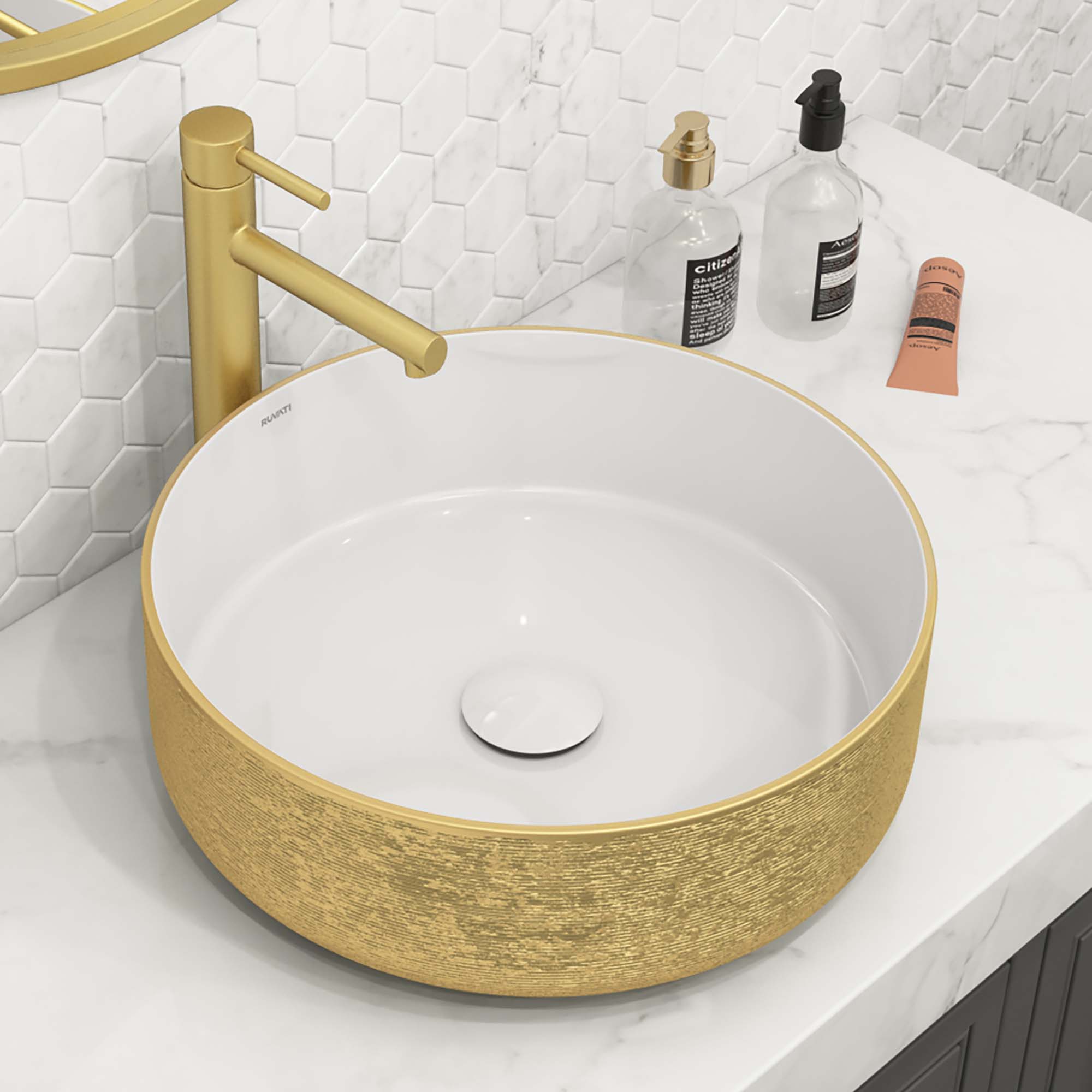 Pietra Ruvati 14" Bathroom Vessel Sink Round Gold Decorative Art Above Vanity Counter White Ceramic – Model# RVB0314WG