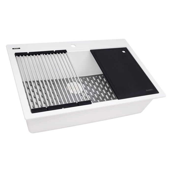 epiStage Model: RVG1306WH Ruvati 33-inch Granite Composite Quartz Workstation Drop-in Topmount Kitchen Sink Matte White Matte – RVG1306WH