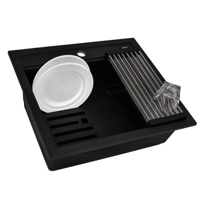 epiCube Model: RVG1622BK Ruvati 23-inch epiCube Granite Composite Quartz Workstation Matte Black Drop-in Topmount Wet Bar Prep Sink – RVG1622BK