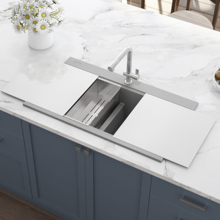 epiGranite Model: RVG1350GR Ruvati 34 inch epiGranite Drop-in Topmount Workstation Ledge Granite Composite Quartz Kitchen Sink – Silver Gray – RVG1350GR