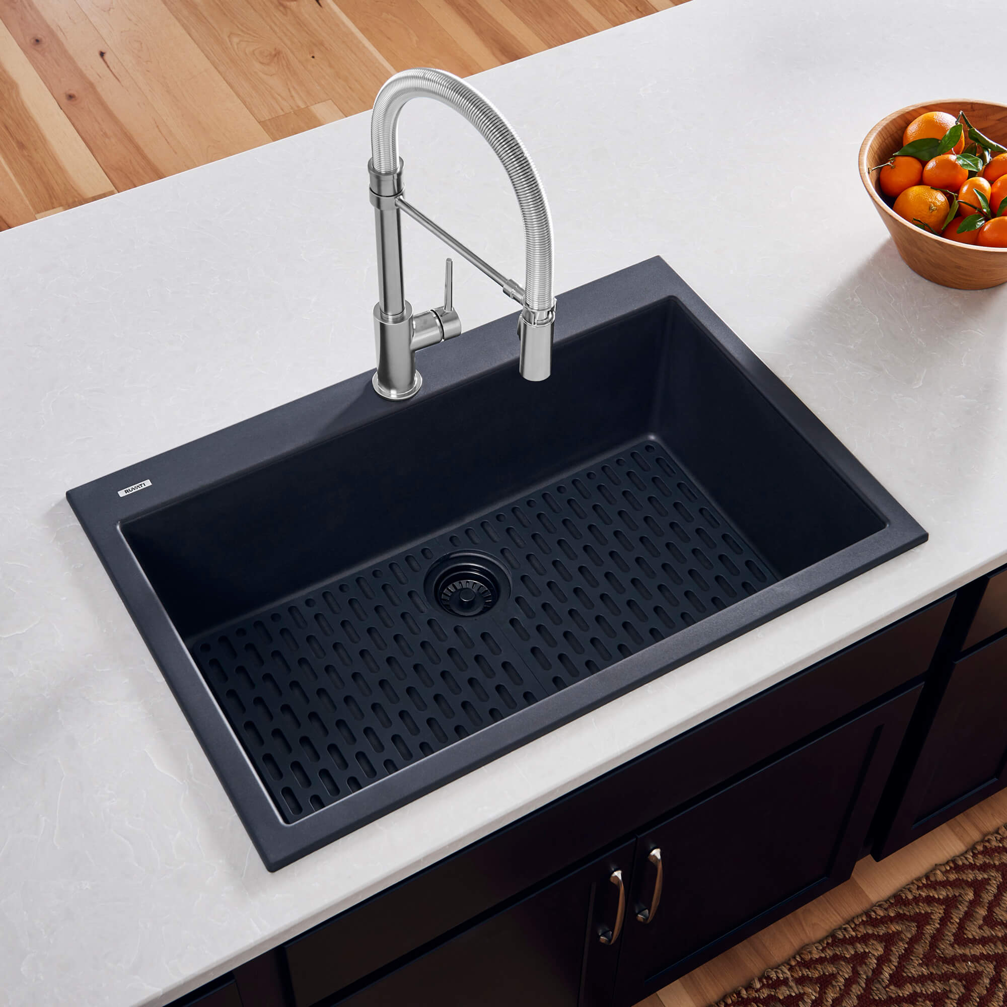 Ruvati 27 x 20 inch Drop-in Topmount Granite Composite Quartz Single Bowl Kitchen Sink – Midnight Black – RVG1027BK