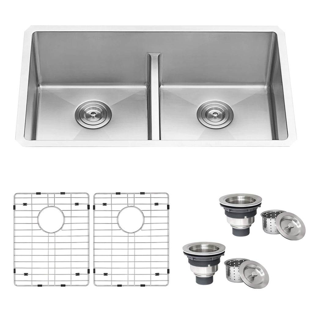 Urbana Ruvati 32-inch Low-Divide Undermount 50/50 Double Bowl 16 Gauge Rounded Corners Stainless Steel Kitchen Sink – Model# RVH7411