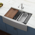 Verona Ruvati 36″ Apron-front Workstation Low-Divide Double Bowl 50/50 Farmhouse Kitchen Sink 16 Gauge Stainless Steel – Model # RVH9301