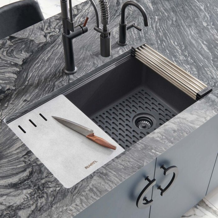 epiStage Ruvati 33" Undermount Workstation Granite Composite Kitchen Sink Matte Black – Model# RVG2302BK