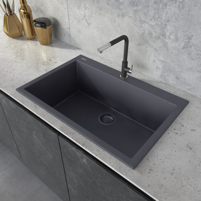 epiGranite Model: RVG1080UG Ruvati 33 x 22 inch epiGranite Drop-in Topmount Granite Composite Quartz Single Bowl Kitchen Sink – Urban Gray – RVG1080UG