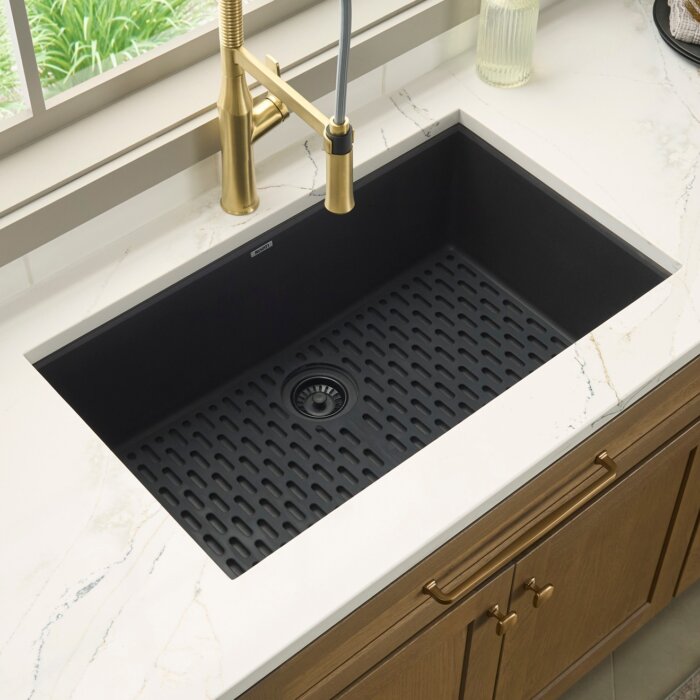 epiGranite Model: RVG2080BK Ruvati 32 x 19 inch Granite Composite Quartz Undermount Single Bowl Kitchen Sink – Midnight Black – RVG2080BK