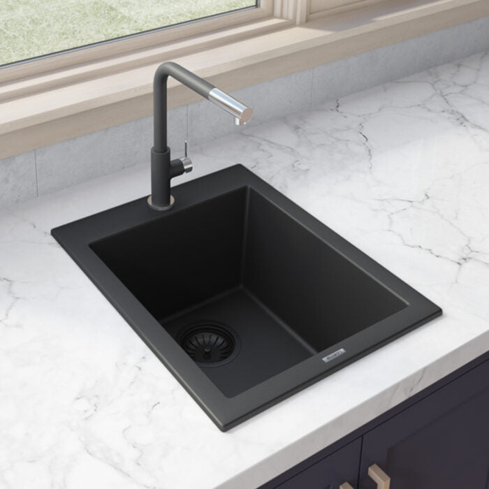 epiGranite Model: RVG1016BK Ruvati 16 x 20 inch epiGranite Drop-in Topmount Granite Composite Quartz Single Bowl Wet Bar Prep Sink – Midnight Black – RVG1016BK