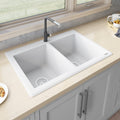 epiGranite Model: RVG1388WH Ruvati 33 x 22 inch epiGranite Drop-in Topmount Granite Composite Quartz Double Bowl Kitchen Sink – Arctic White Matte – RVG1388WH