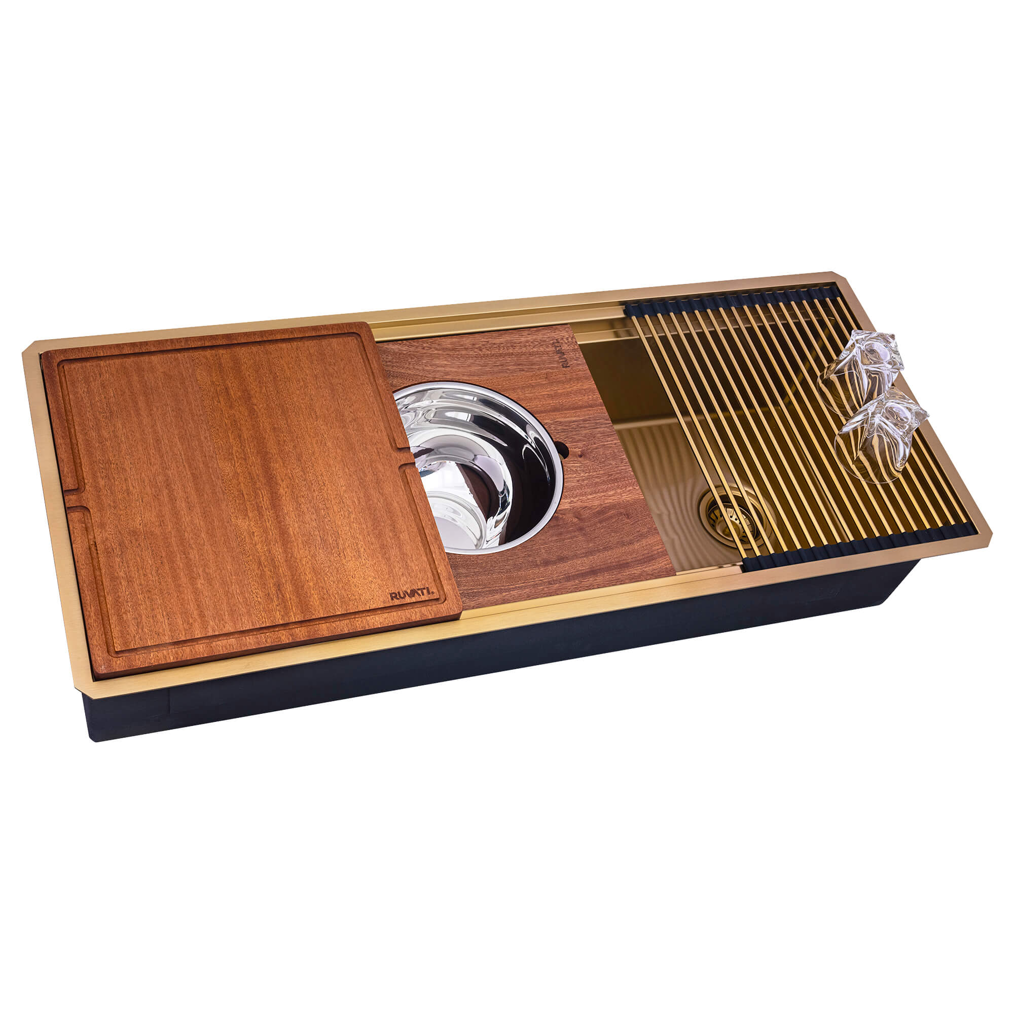Dual-Tier Pro Ruvati 45" Matte Gold Stainless Steel Workstation Two-Tiered Ledge Undermount Kitchen Sink – Model# RVH6333GG