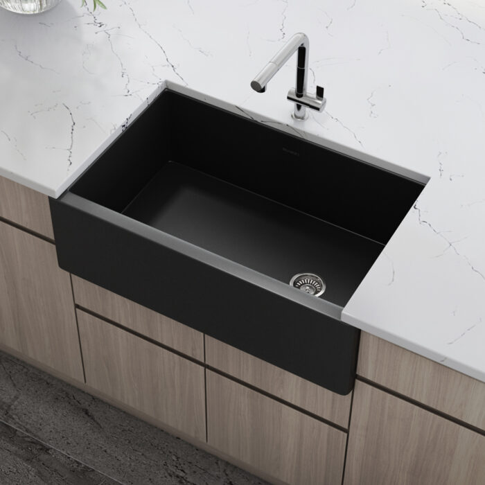 Fiamma Model: RVL4018MBK Ruvati 30-inch Matte Black Fireclay Modern Farmhouse Offset Drain Kitchen Sink Single Bowl – RVL4018MBK
