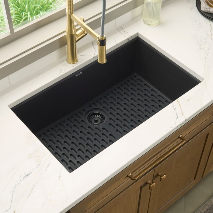 epiGranite Model: RVG2030BK Ruvati 30 x 18 inch Granite Composite Quartz Undermount Single Bowl Kitchen Sink – Midnight Black – RVG2030BK
