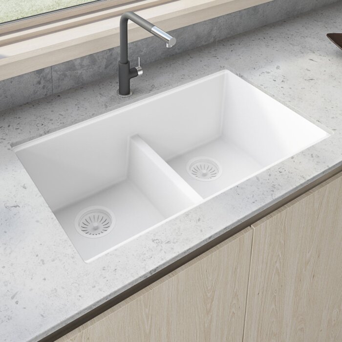 epiGranite Model: RVG2385WH Ruvati 33 x 19 inch Granite Composite Quartz Undermount Double Bowl Low Divide Kitchen Sink – Arctic White Matte – RVG2385WH