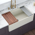 Fiore Model: RVL2387BS Ruvati 33 inch Fireclay Workstation Farmhouse Kitchen Sink Apron Front Single Bowl Biscuit Sand – RVL2387BS