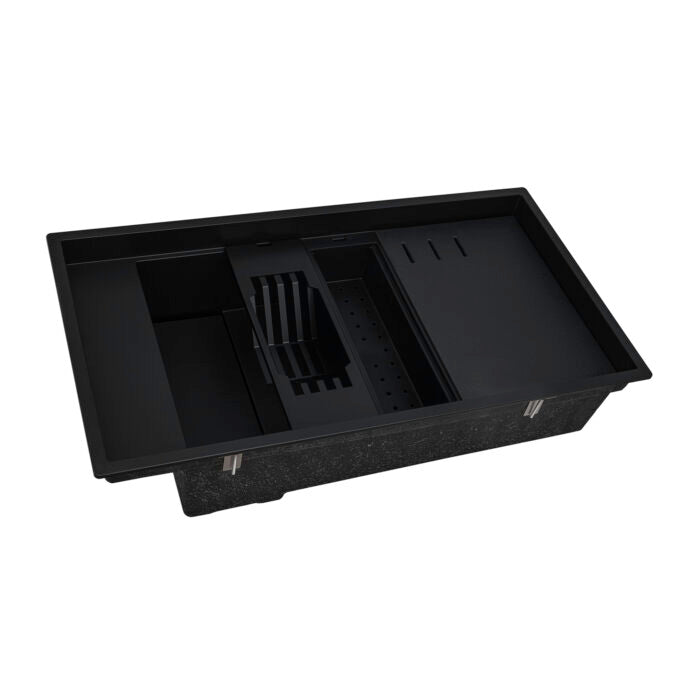 epiStage Model: RVG1650BK Ruvati 18 x 34 inch Granite Composite Quartz Workstation Kitchen Sink epiStage Dual Mount Single Bowl – Black – RVG1650BK