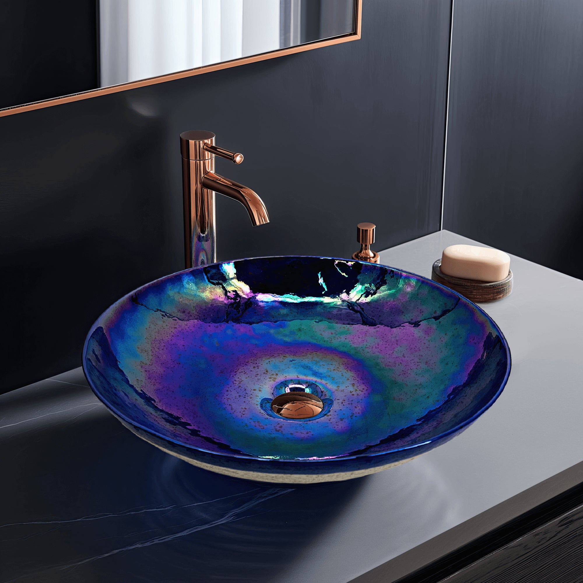 Murano Model: RVB3044 Ruvati 16 inch Murano Glass Art Vessel Circle Decorative Pattern Bathroom Sink – Celestial Blue – RVB3044
