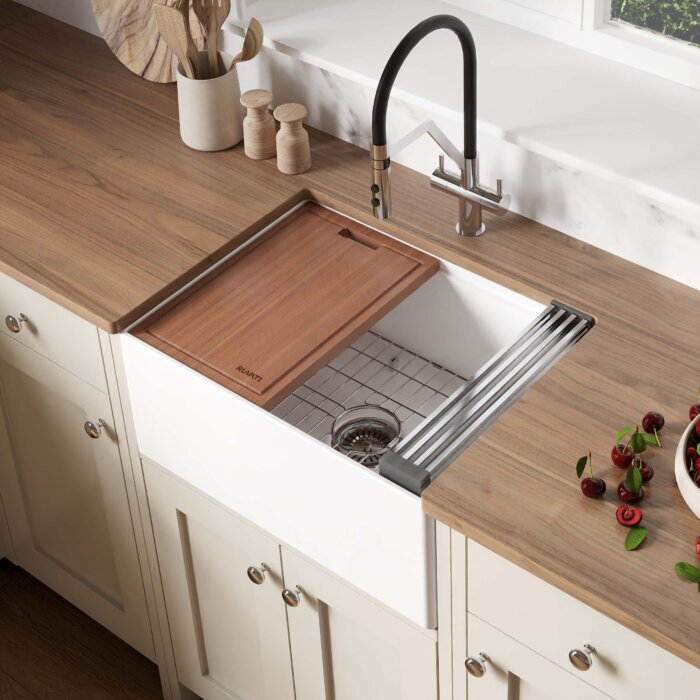 Ruvati 24 inch Fireclay Workstation White Farmhouse Kitchen Sink Apron Front Single Bowl – RVL2484WH