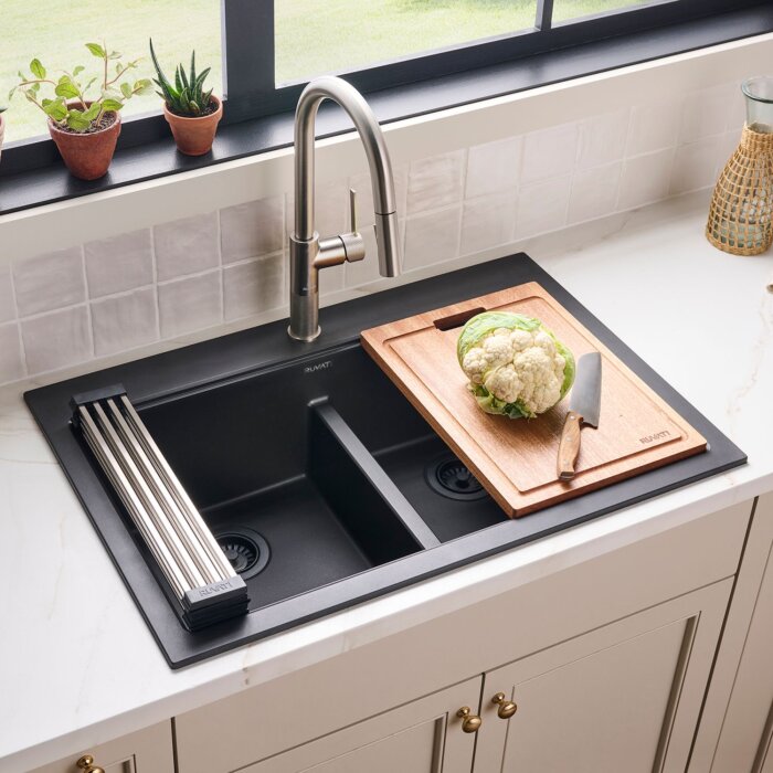 Ruvati 33-inch epiStage Drop-in Topmount Workstation Granite Composite Kitchen Sink 50/50 Double Bowl - Midnight Black - Model# RVG1343BK