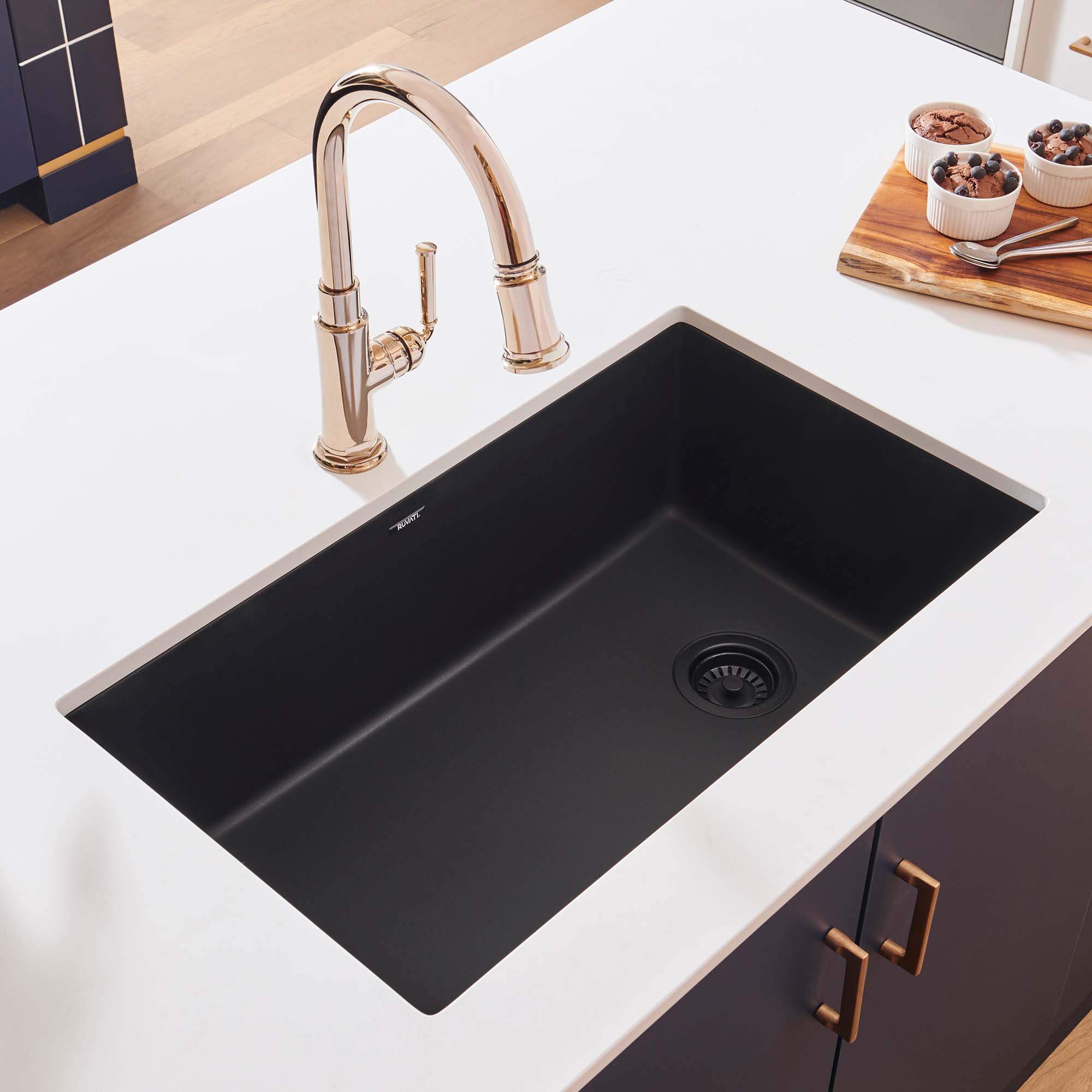 epiGranite Model: RVG2033BK Ruvati 32 x 19 inch epiGranite Undermount Granite Composite Quartz Single Bowl Kitchen Sink – Midnight Black – RVG2033BK