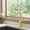 Isola Model: RVF1248SG Ruvati Isola Single Handle Pull Out Kitchen Faucet Knurl Transitional with Sprayer in Brushed Gold – RVF1248SG