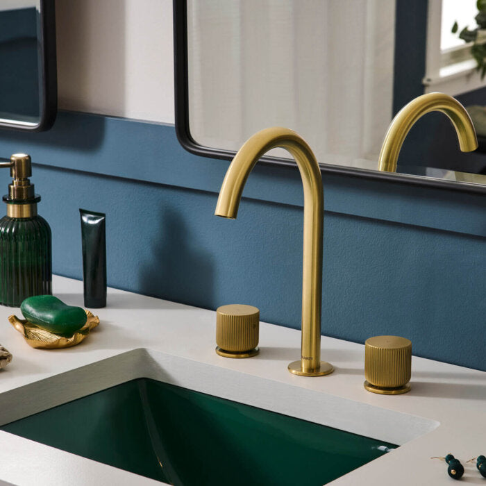 Fabio Model: RVF5238SG Ruvati Fabio Two Handle Widespread Fluted Knob Arc Round Neck Bathroom Faucet in Brushed Gold – RVF5238SG