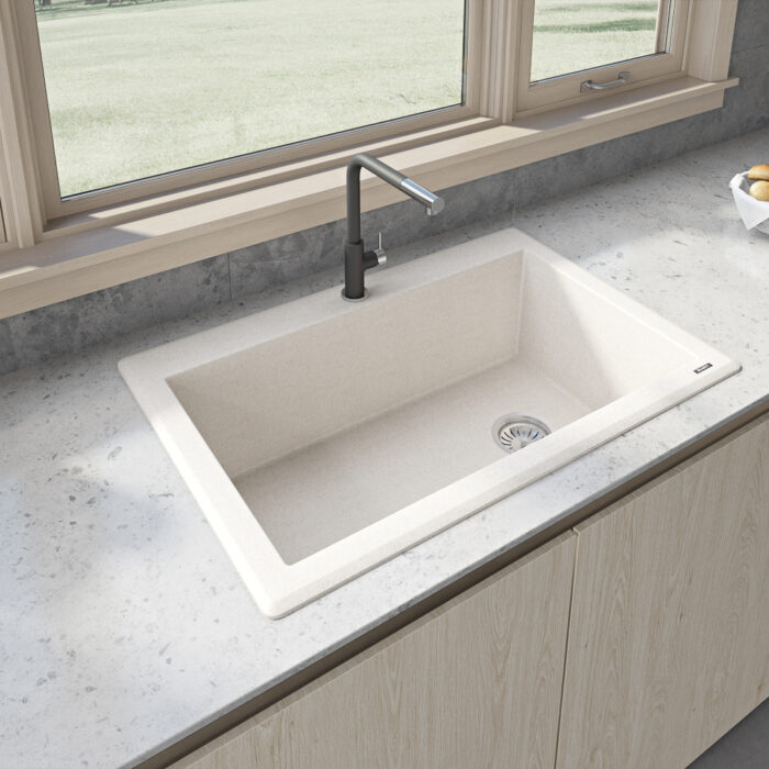 epiGranite Model: RVG1033CS Ruvati 33 x 22 inch epiGranite Drop-in Topmount Granite Composite Quartz Single Bowl Kitchen Sink – Caribbean Sand – RVG1033CS