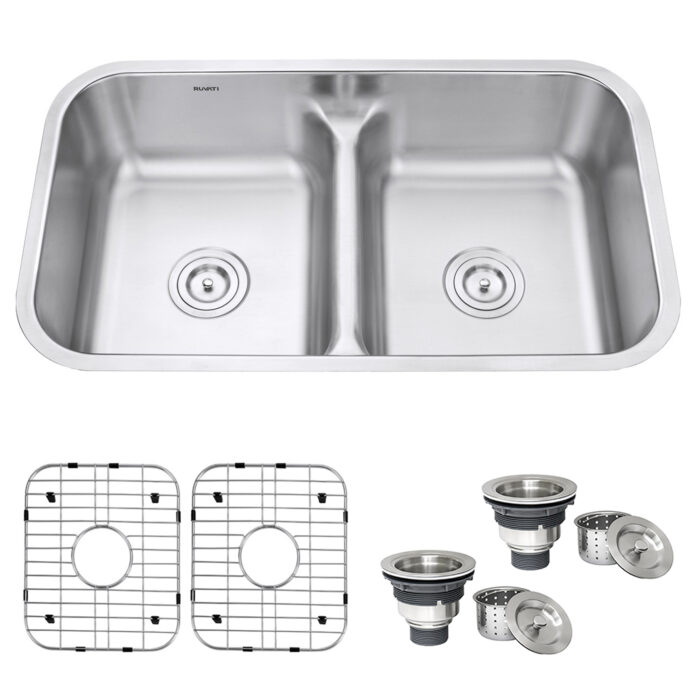 Parmi Model: RVM4350 Ruvati 32-inch Low-Divide 50/50 Double Bowl Undermount 16 Gauge Stainless Steel Kitchen Sink – RVM4350