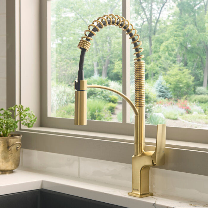 Seneca Model: RVF1236SG Ruvati Seneca Single Handle Pull Down Spring Kitchen Faucet with Pre-Rinse Sprayer in Brushed Gold – RVF1236SG