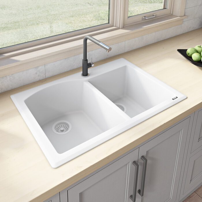 epiGranite Model: RVG1344WH Ruvati 33 x 22 inch epiGranite Drop-in Topmount Granite Composite Quartz Double Bowl Kitchen Sink – Arctic White Matte – RVG1344WH