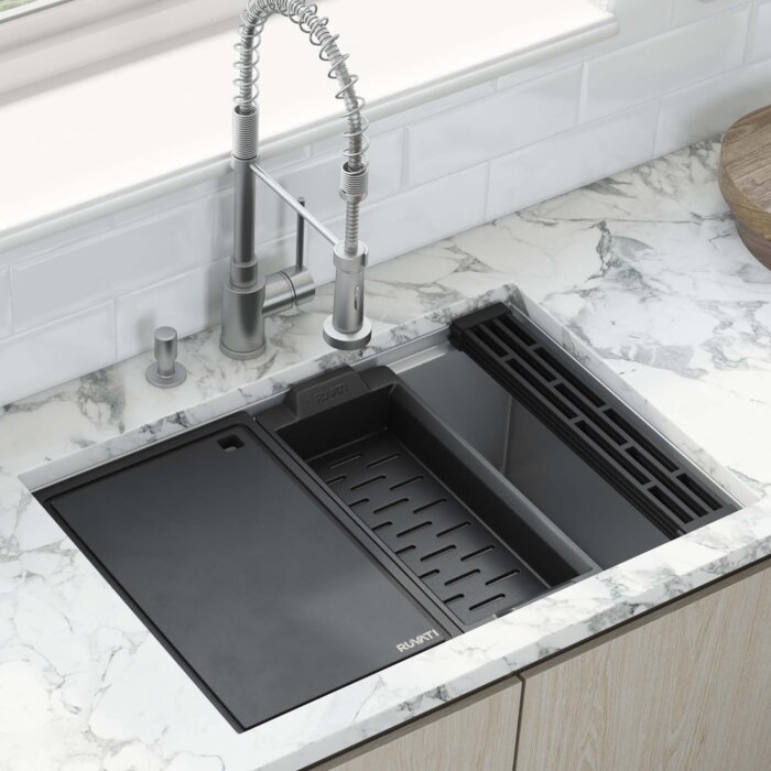 Veniso Nova Ruvati 27-inch Workstation Slope Bottom Offset Drain Undermount 16 Gauge Kitchen Sink – RVH8573