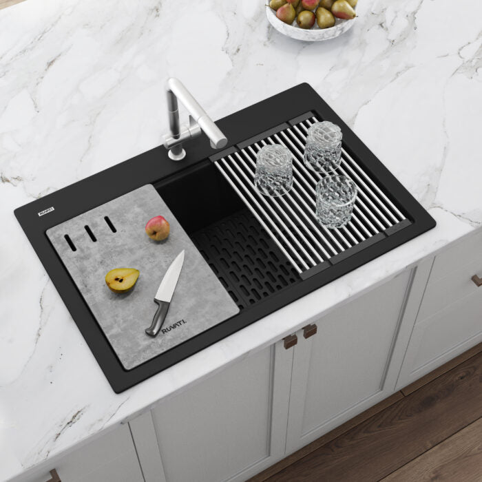 epiStage Ruvati 33-inch Granite Composite Workstation Matte Black Drop-in Top Mount Kitchen Sink – Model# RVG1302BK