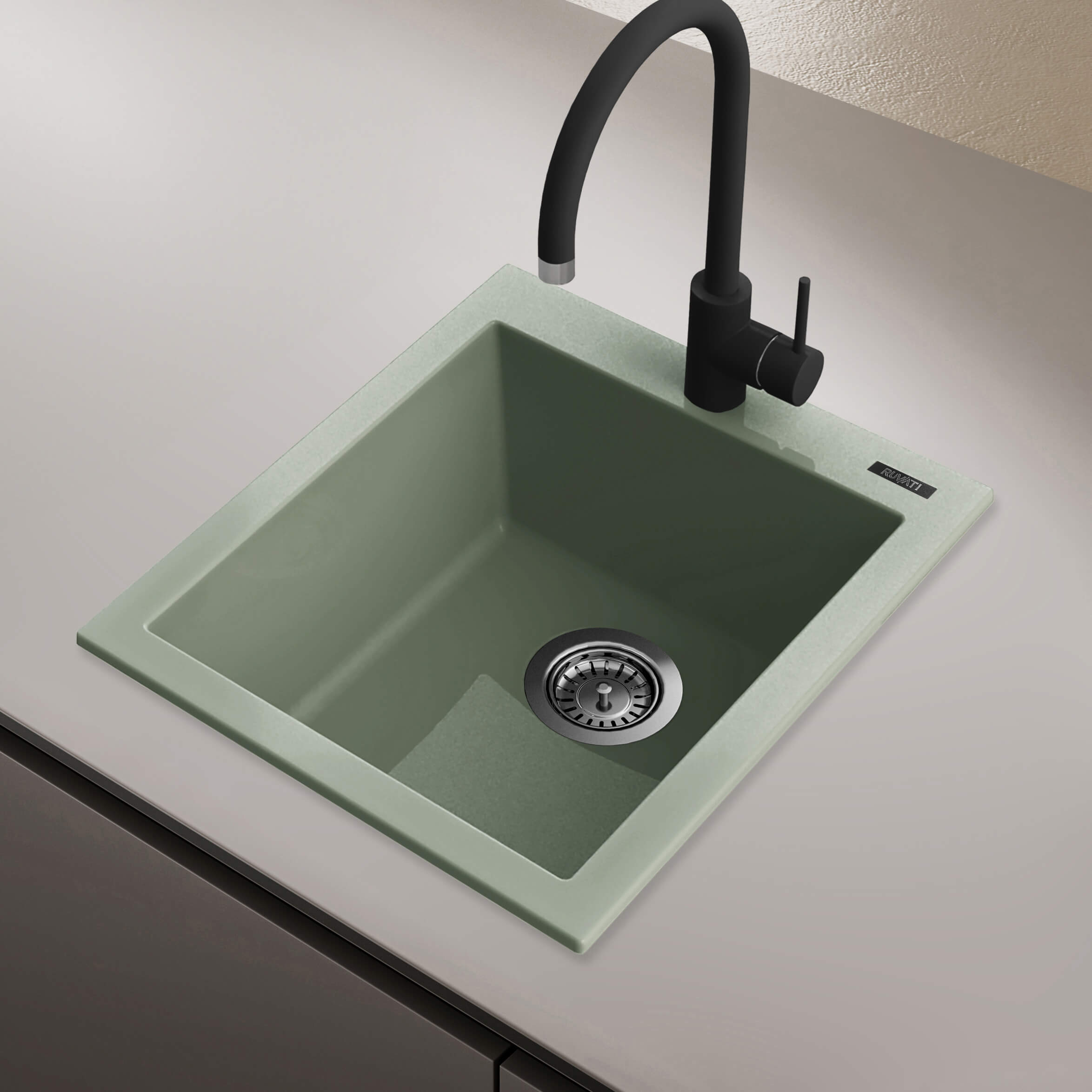 epiGranite Model: RVG1016SG Ruvati 16 x 20 inch epiGranite Drop-in Topmount Granite Composite Quartz Single Bowl Wet Bar Prep Sink – Sage Green – RVG1016SG