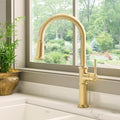 Idris Model: RVF1239SG Ruvati Idris Single Handle Pull Down Kitchen Faucet Tall High Arc Gooseneck with Sprayer in Brushed Gold – RVF1239SG