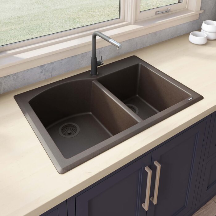 epiGranite Model: RVG1344ES Ruvati 33 x 22 inch epiGranite Drop-in Topmount Granite Composite Quartz Double Bowl Kitchen Sink – Espresso Brown – RVG1344ES