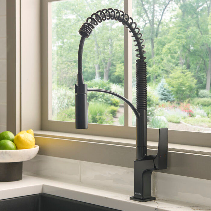 Seneca Model: RVF1236MB Ruvati Seneca Matte Black Single Handle Pull Down Kitchen Faucet Spiral Pro Style with Pre-Rinse Spray Hose – RVF1236MB