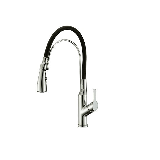 Dawn Single-Lever Pull-Out Spray Kitchen Faucet with Black Rubber Hose In Brushed Nickel Model# AB50 3729BN