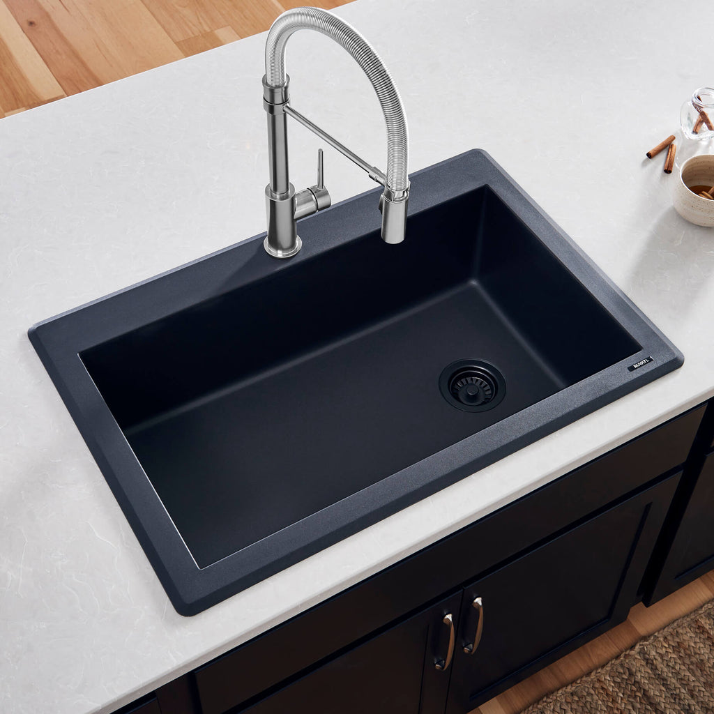 epiGranite Model: RVG1033BK Ruvati 33 x 22 inch epiGranite Drop-in Topmount Granite Composite Quartz Single Bowl Kitchen Sink – Midnight Black – RVG1033BK