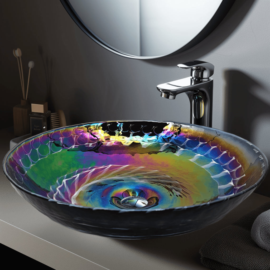 Murano Model: RVB3049 Ruvati 16 inch Murano Glass Art Vessel Circle Decorative Pattern Bathroom Sink – Cosmic Black – RVB3049