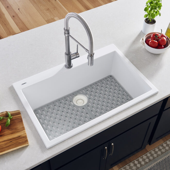 epiGranite Model: RVG1030WH Ruvati 30 x 20 inch epiGranite Drop-in Topmount Granite Composite Quartz Single Bowl Kitchen Sink – Arctic White Matte – RVG1030WH